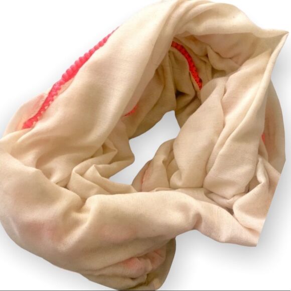 HOLLISTER Cream Metallic Detail Pink Pom Trim Shine Infinity Circle Scarf - Picture 1 of 3